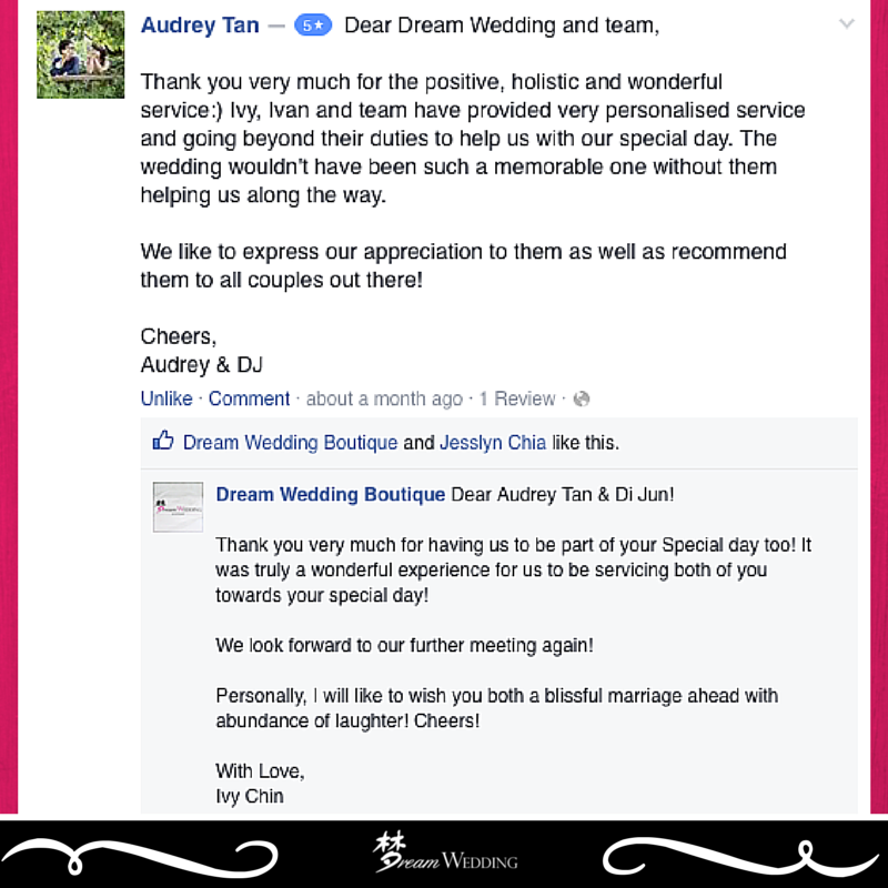 real couple dijun and audrey facebook review testimonial for dreamwedding boutique singapore wedding gown rental bridal pictures