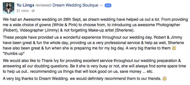 Testimonial review for singapore bridal Basil & Joanna (Real Couple) Review for Dream Wedding Boutique