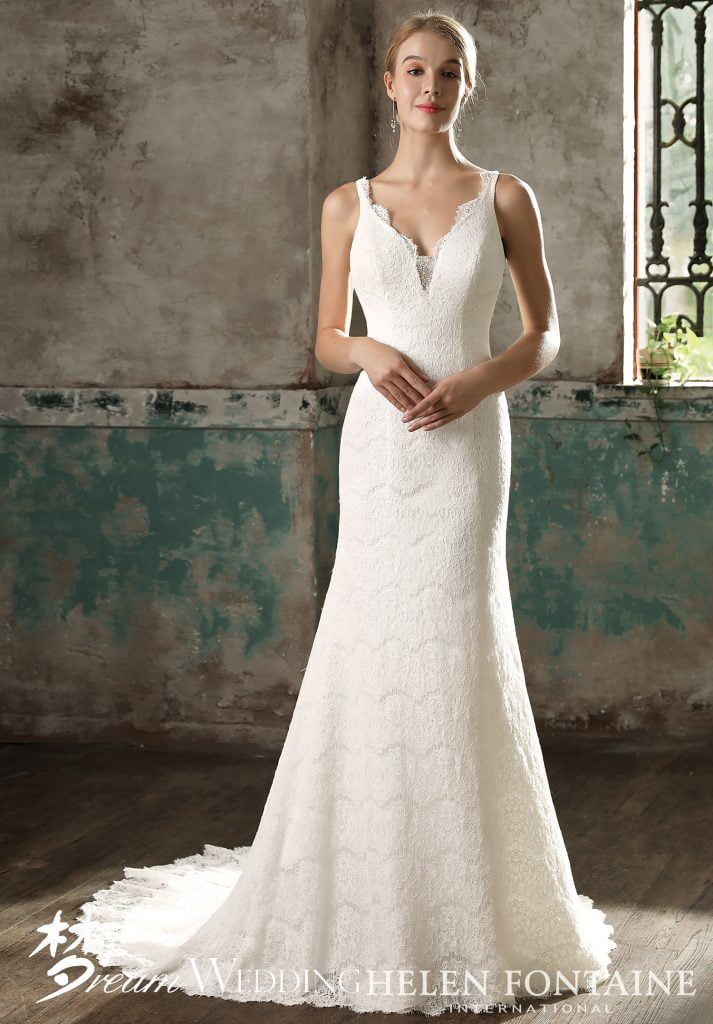 Simple Lace V-Neck Spaghetti Straps Gown Style # HFW2726 – Dream Wedding