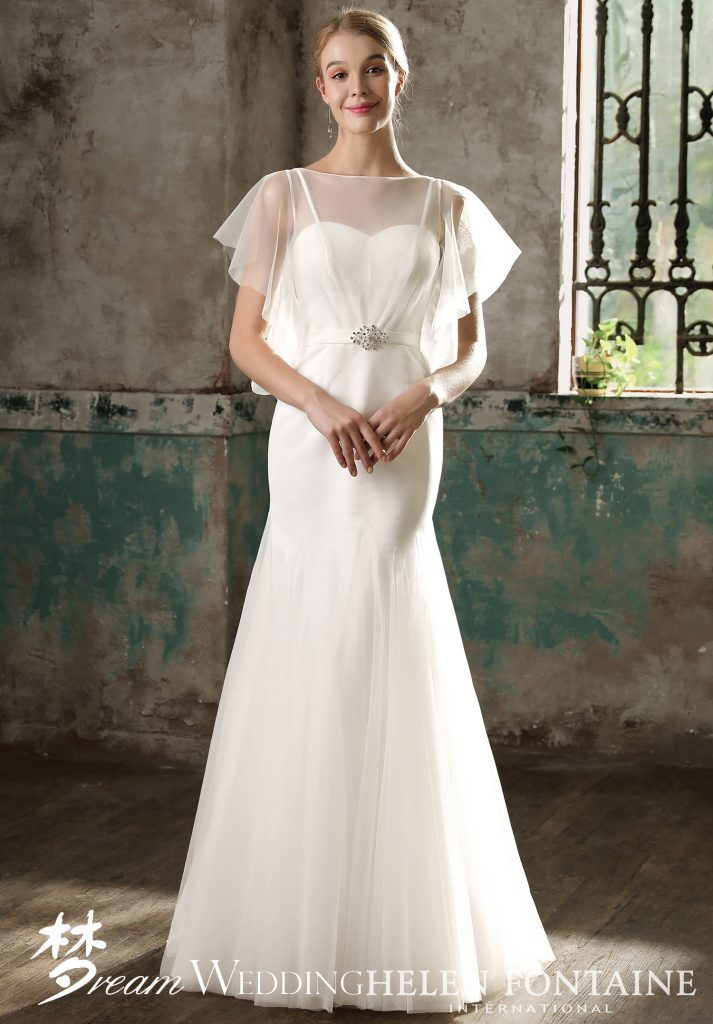 Trumpet Tulle Dress With Cape Sleeves Style # HFW2732 – Dream Wedding