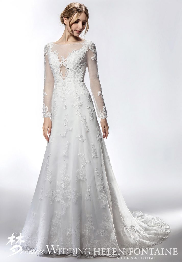 Illusion Long Sleeves Lace Wedding Dress With Button Back Style ...